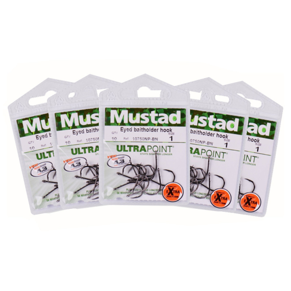 Mustad Eyed Baitholder Hook Pack x5 in de groep Haken & Terminal Tackle / Haken / Specimenhaken bij Sportfiskeprylar.se (MUSTADEYEDBAITHOLDERPACK)